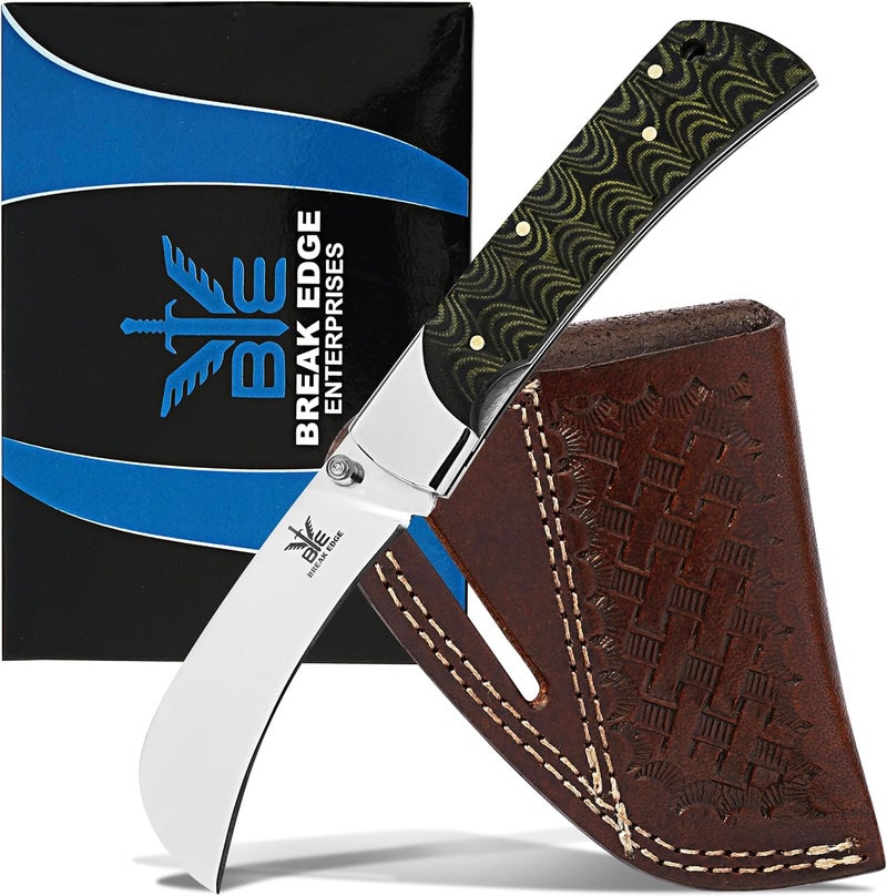 BE BREAK EDGE Hawkbill,Folding Pocket Knife with Curved Steel Blade, Lineman Tools,Black&Green G10 Handle. - Image 1